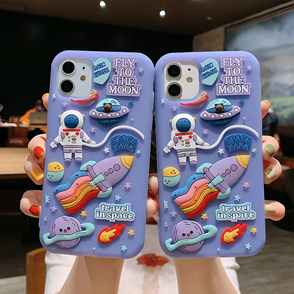 Purple silicone iPhone case with cartoon astronaut spaceman design showing precise port cut-outs