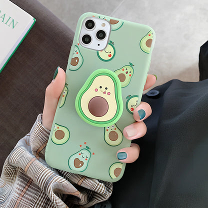 Green avocado pattern silicone iPhone case with metal ring stand attached to back