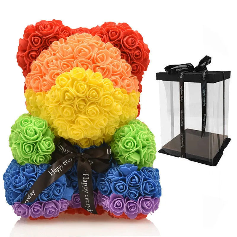 Preserved flower bear 40cm rainbow bow tie white bear with rainbow heart polyethylene foam handmade