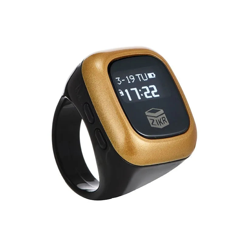 Al-fatiha Zikr electronic counter on wrist showing digital display, available in black, rose gold, silver, wine red, green.