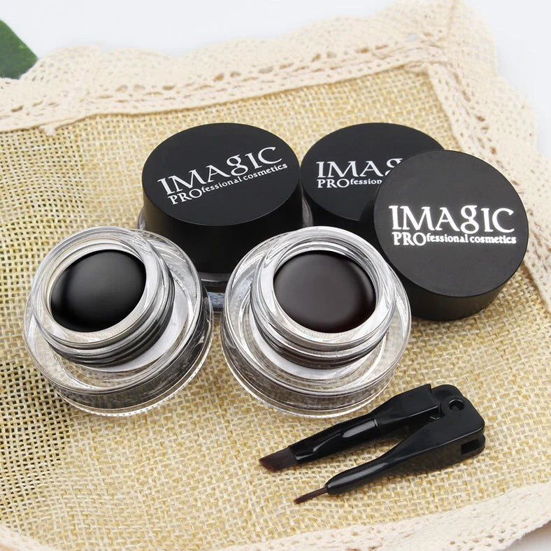 Brush-tip liquid eyeliner with fine 0.5mm applicator showing three colour options E01, E02, E03