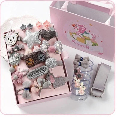 24-piece children's hair clip set with cartoon animal designs including blue fox and pink elephant