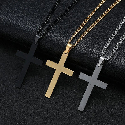 Stainless steel cross pendant necklace for men, available in black, silver, and gold finishes