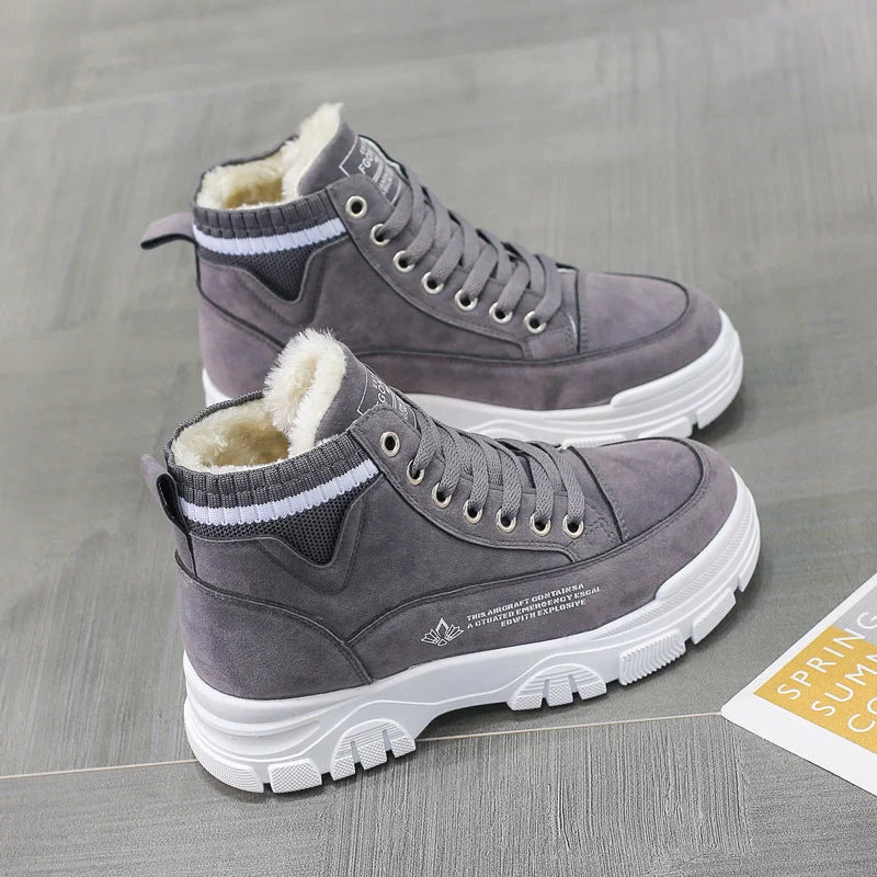 Ladies lace-up fashion sneakers with warm plush lining for winter wear
