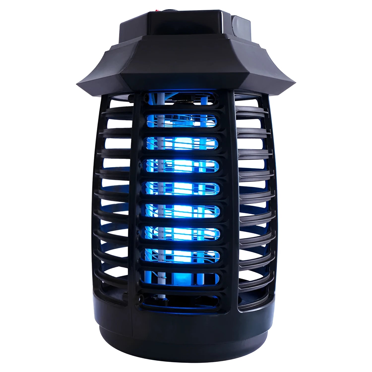 Black aromatherapy mosquito lamp with a choice of plug styles for AU, EU, UK, or US sockets on a surface.