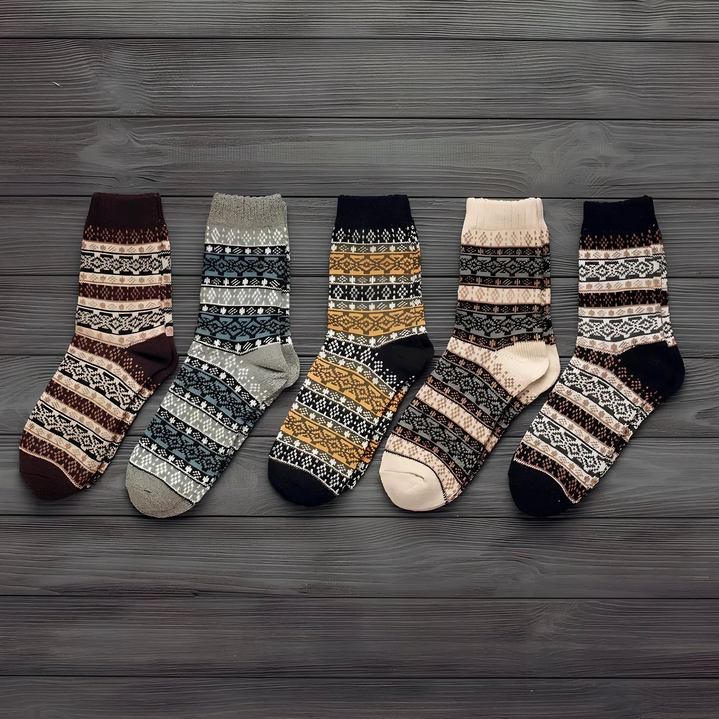 Pack of 5 thick stripe wool blend socks in various colours, featuring 15% rabbit hair for winter warmth, fitting sizes 39-42