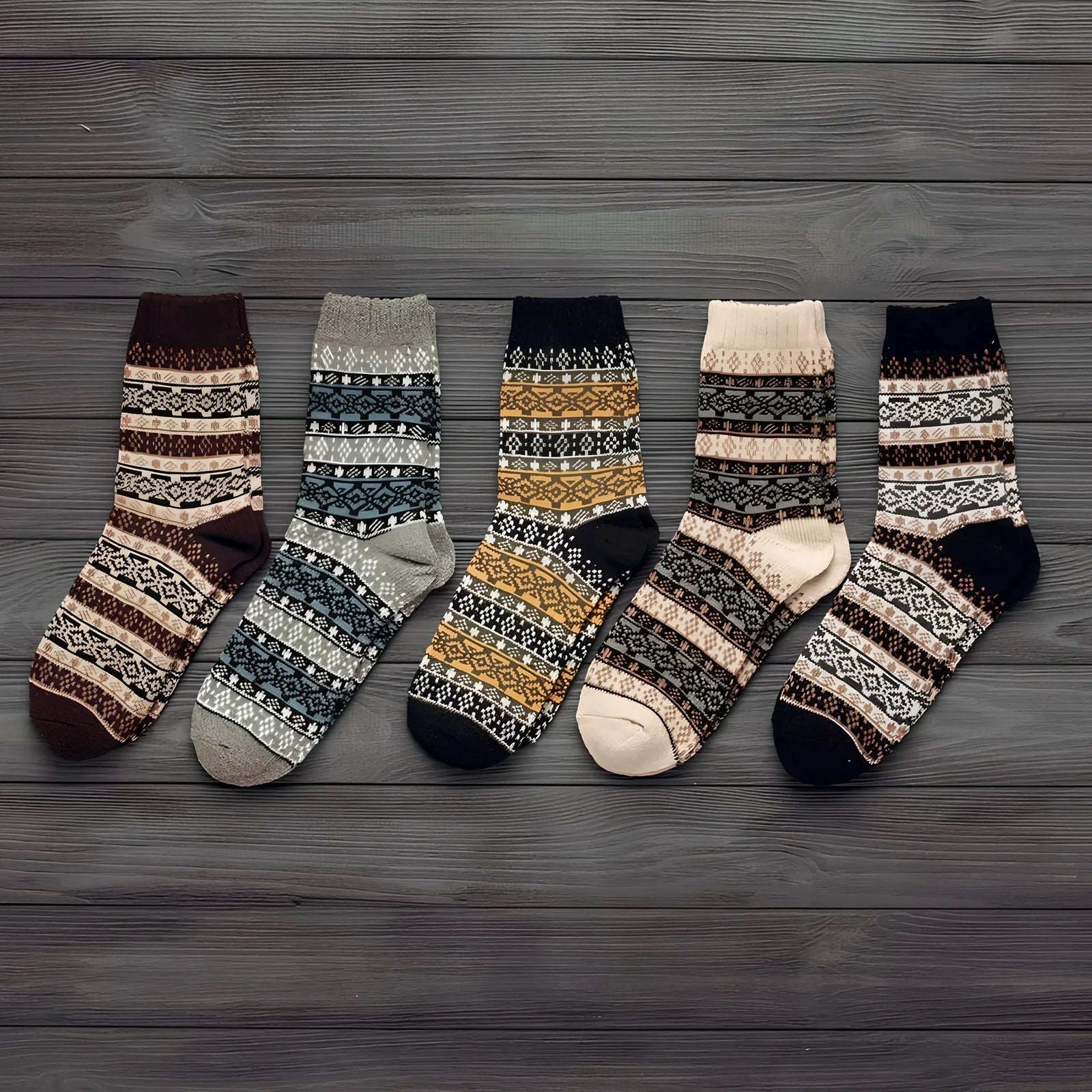 Pack of 5 thick stripe wool blend socks in various colours, featuring 15% rabbit hair for winter warmth, fitting sizes 39-42