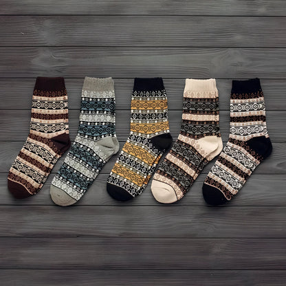 Pack of 5 thick stripe wool blend socks in various colours, featuring 15% rabbit hair for winter warmth, fitting sizes 39-42
