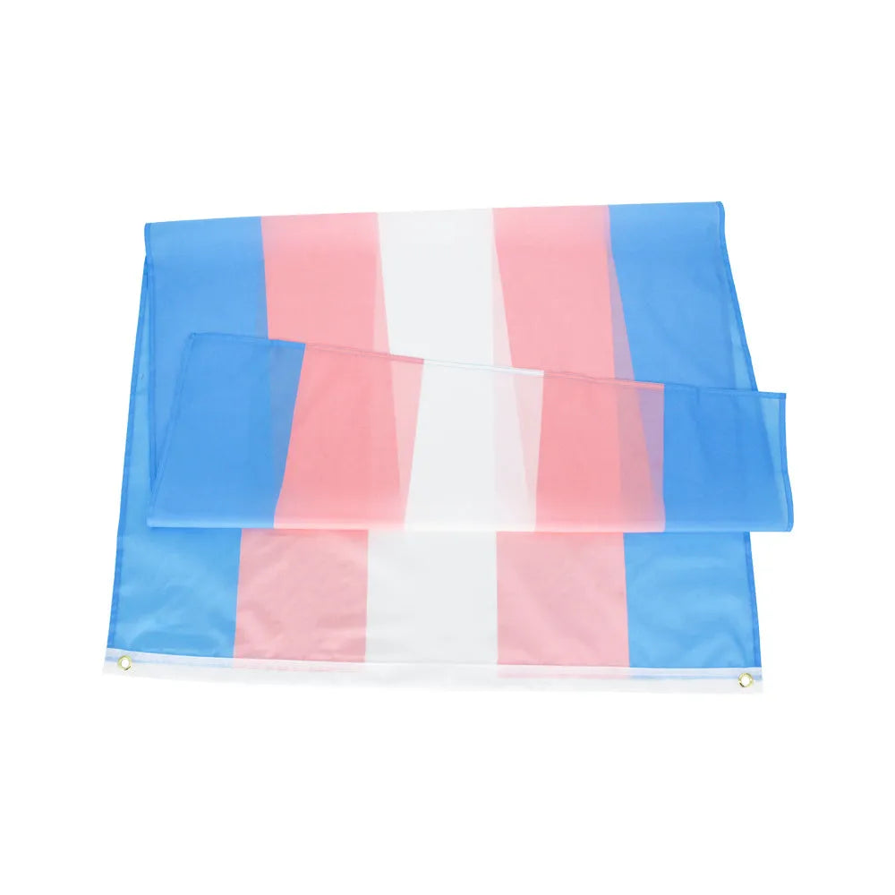 Transgender rainbow pride flag in polyester fibre, 90x150cm, displayed outdoors on a pole