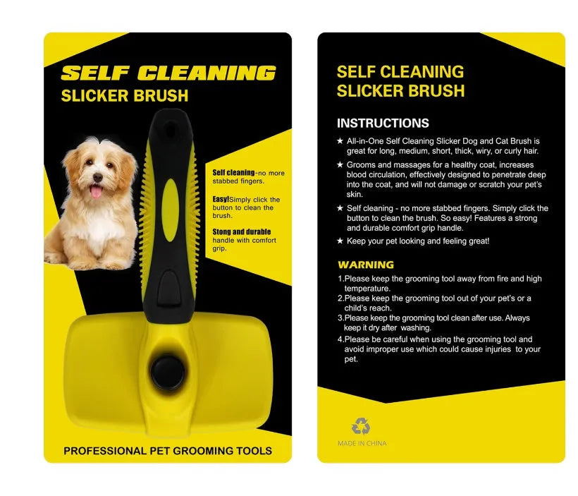 Pet self-cleaning slicker brush with stainless steel needles, green handle, comb surface 12.6 x 7cm, for dogs and cats
