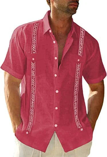 Men's casual Cuban-style Guayabera shirt with short sleeves and printed patterns