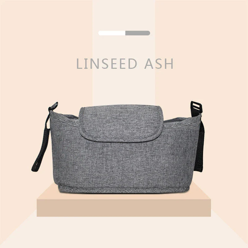 Stylish and functional stroller organizer bag with separate compartments, made of durable cotton and linen materials