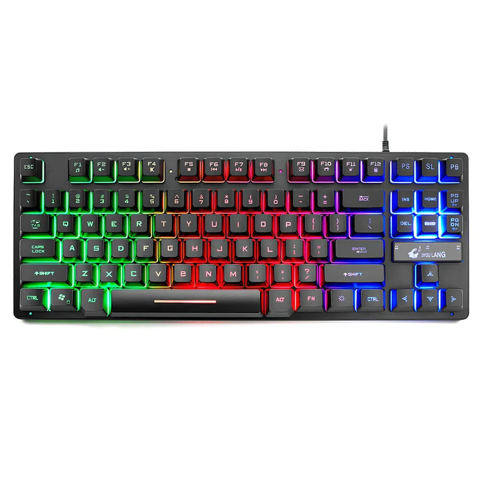 Black 87-key mechanical gaming keyboard, 36.5cm wide with USB cable, compact design for PC setups
