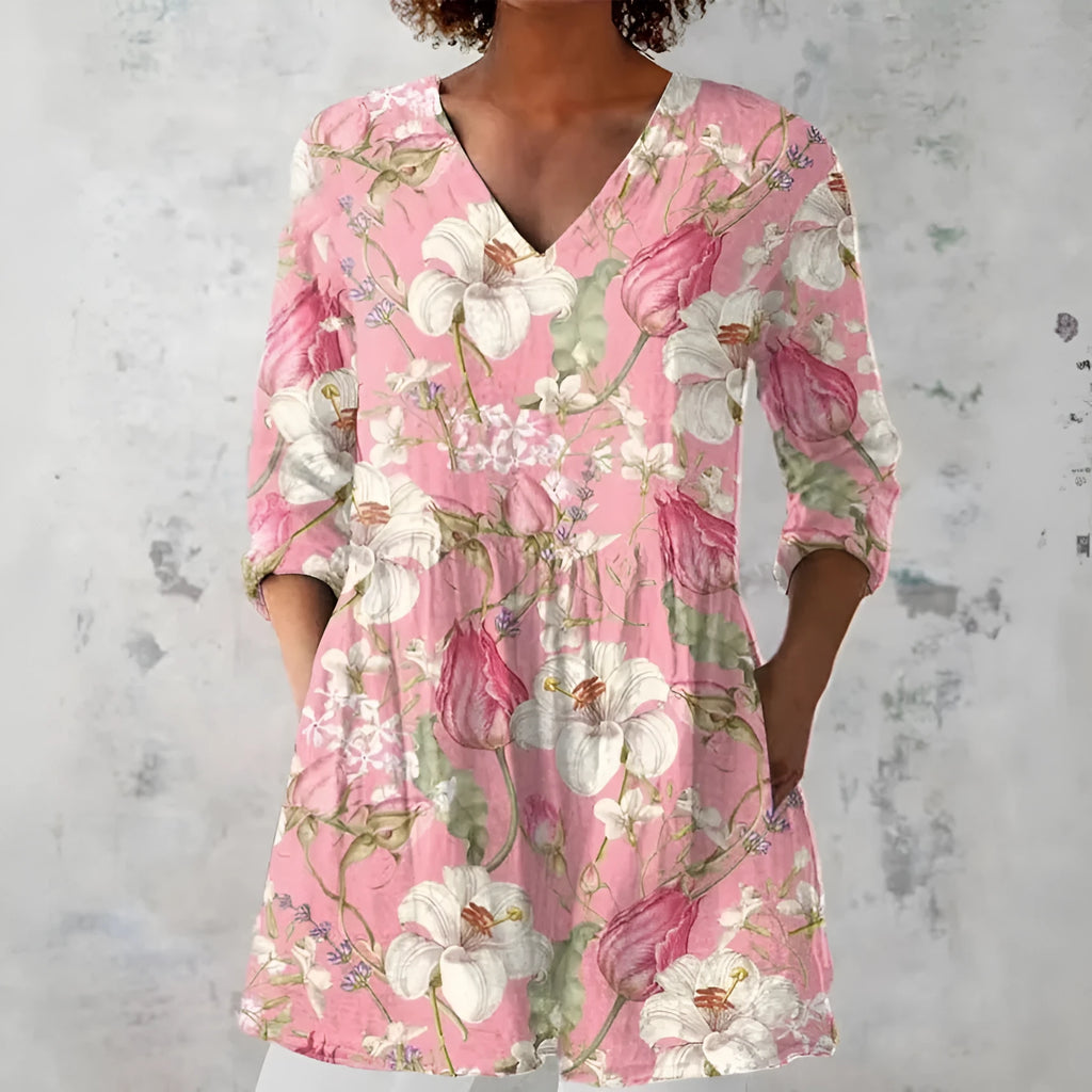 Women's slim-fit long-sleeve top with a retro digital print pattern in a colour style option.