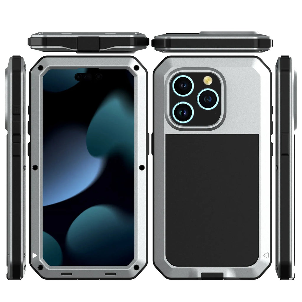 Metal three-proof phone case for iPhone in black, all-inclusive design with cutouts for ports and camera