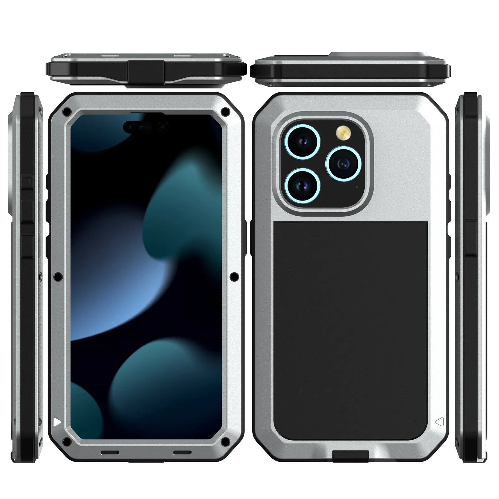 Metal three-proof phone case for iPhone in black, all-inclusive design with cutouts for ports and camera