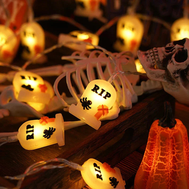 Battery-powered Halloween lighting chain with pumpkin, ghost, and bat-shaped LED lights