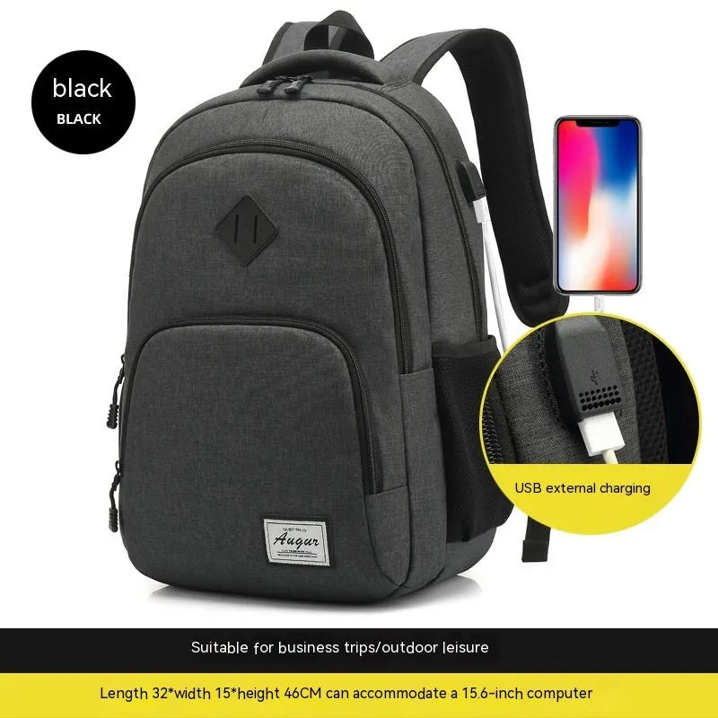 Grey nylon USB charging backpack with trolley case sleeve showing dimensions 32x46cm