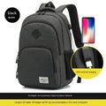 Grey nylon USB charging backpack with trolley case sleeve showing dimensions 32x46cm