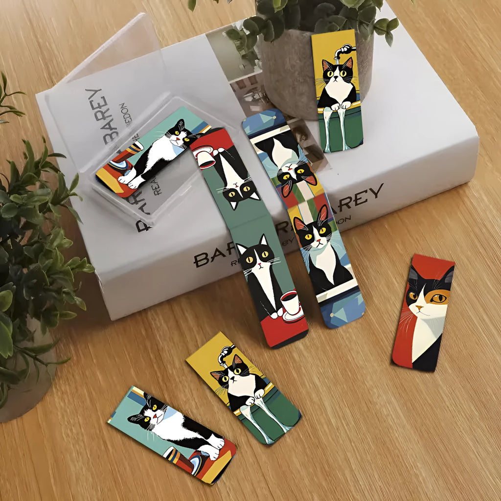 Set of 5 magnetic bookmarks with cute cat design, handmade, assorted colours