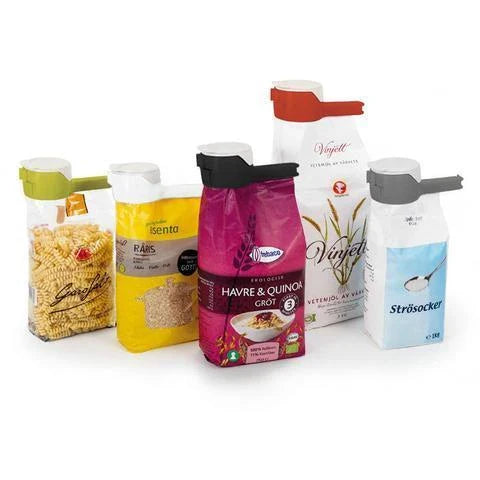 Versatile food clips in a range of colours, featuring airtight sealing and a convenient pour spout