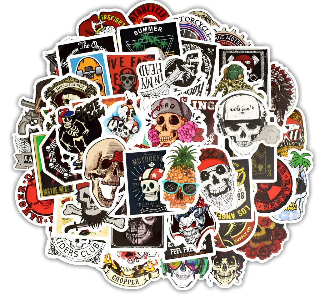 Skull head doodle sticker set of 50, PVC, waterproof, die-cut, multi-colour on white background