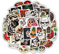 Skull head doodle sticker set of 50, PVC, waterproof, die-cut, multi-colour on white background