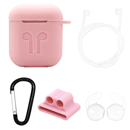 Black silicone protective cover for AirPods with 10cm anti-loss rope, hanging buckle, and earplug sleeves, weighing 36g total