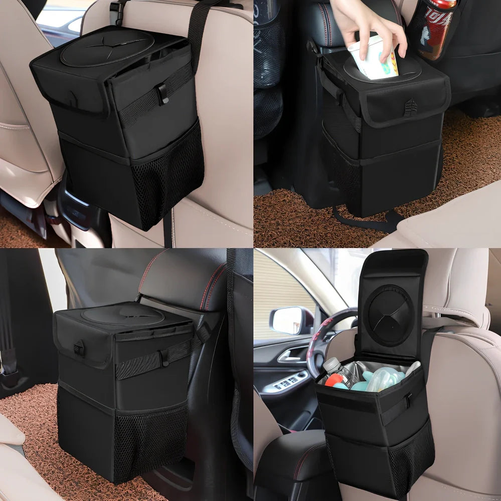 Black oxford cloth hanging car trash can with adjustable strap, waterproof lining, and mesh pockets, dimensions 16.5cm x 15cm x 25cm