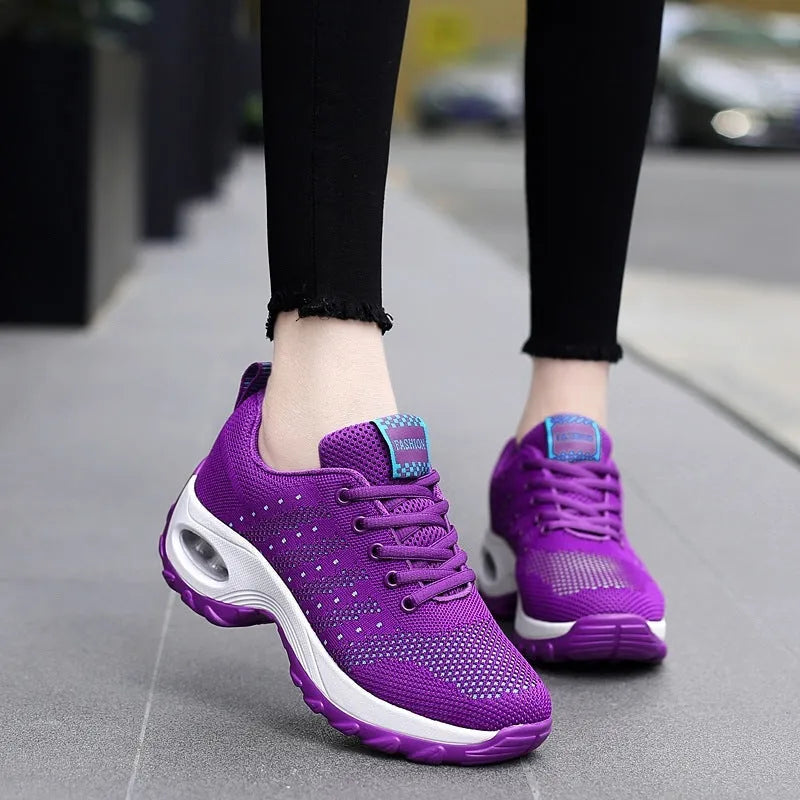 Ladies net shoes mesh breathable casual sneakers in grey, lace-up, flat sole, side view