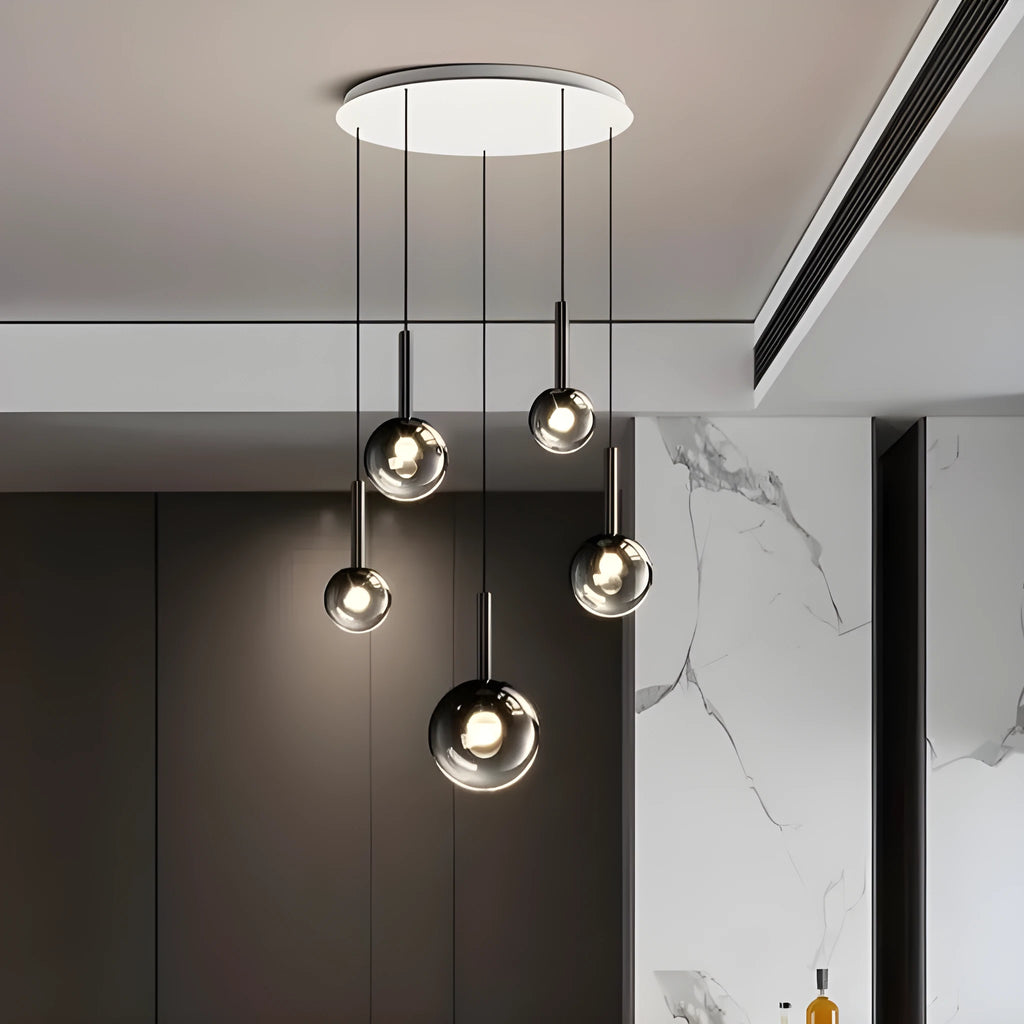 High-grade glass chandelier three-head rotating staircase long ceiling light shiny black finish LED three colour white light