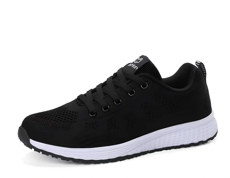 Breathable black mesh sports shoes for female students, flat heel, MD sole, UK size 3-6 range