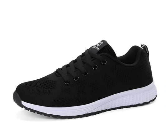 Breathable black mesh sports shoes for female students, flat heel, MD sole, UK size 3-6 range