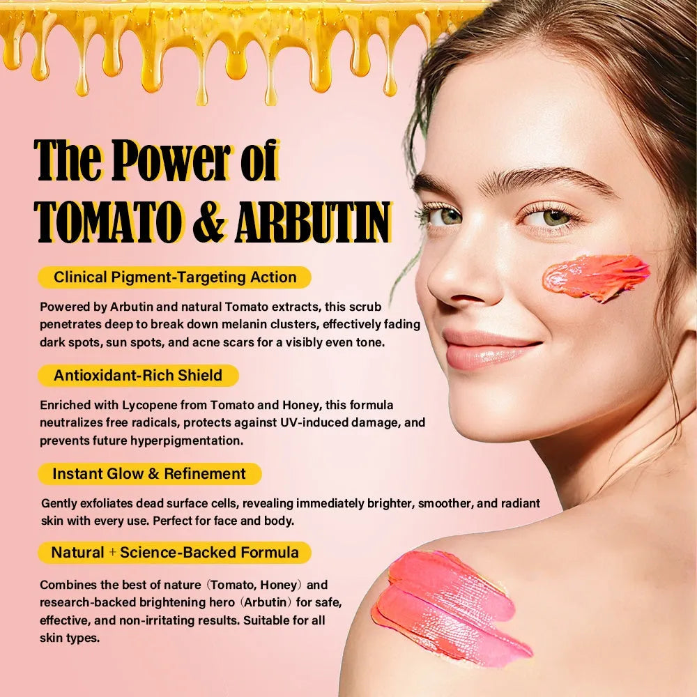 Tomato & Honey Arbutin Body Scrub Brightening Face Whitening Skin Care 500ml tub
