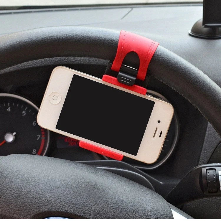 Universal steering wheel phone holder for hands-free navigation and calls