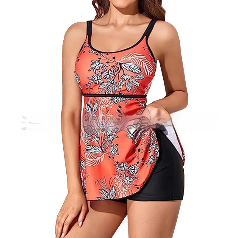 Plus size women's swimsuit with high waist and split leg design in leopard print pattern