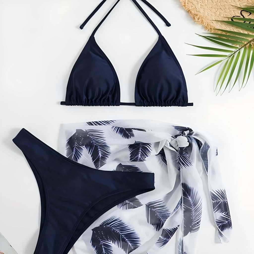 Women's three-piece bikini swimsuit set with solid colour swimwear and printed gauze skirt