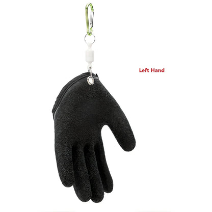 Purple anti-slip fishing gloves with latex coating and magnetic clip for puncture protection in left or right hand, 25cm length