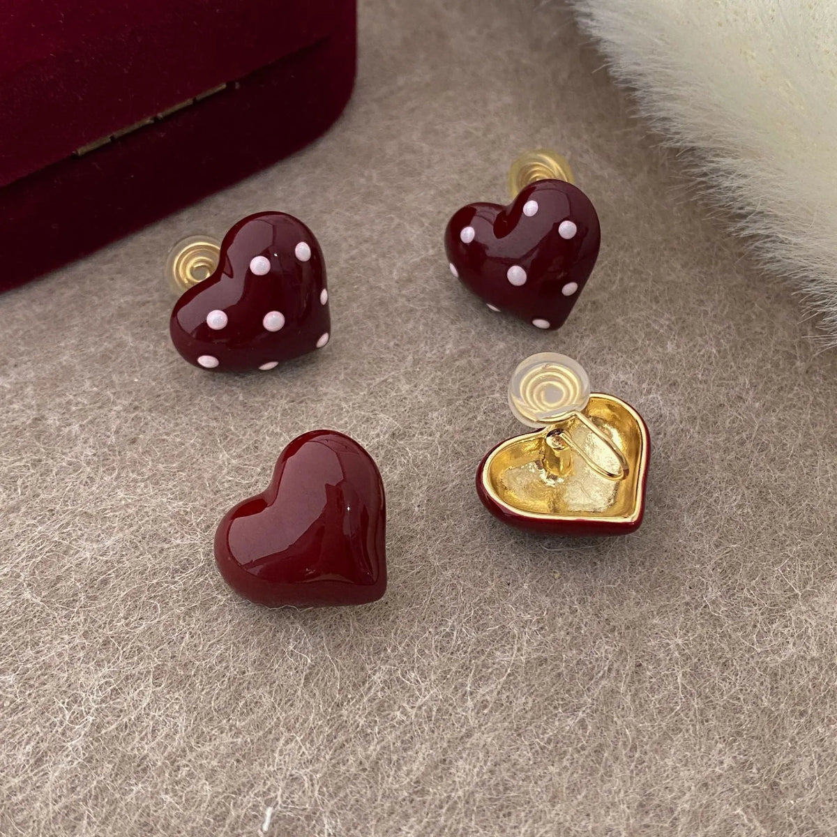 Red drip glaze love heart ear clip no piercing stud earrings on copper base simple style for women