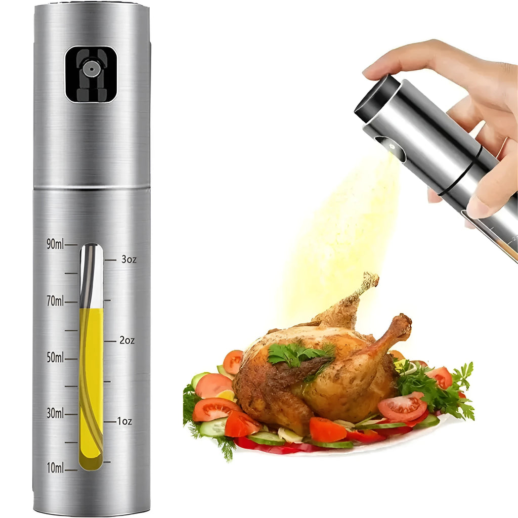 Stainless steel press-type oil injection bottle with 100ml capacity and glass body on kitchen counter