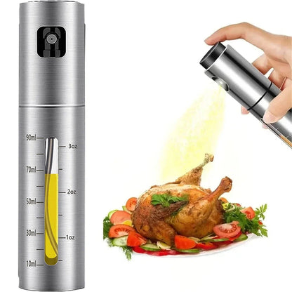 Stainless steel oil injection bottle with press spray function for precise cooking oil application
