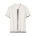 White short sleeve cardigan with contrasting colour lapels and collar on a model.