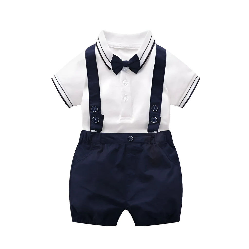 Baby gentleman's short sleeve neutral bodysuit on infant against light background