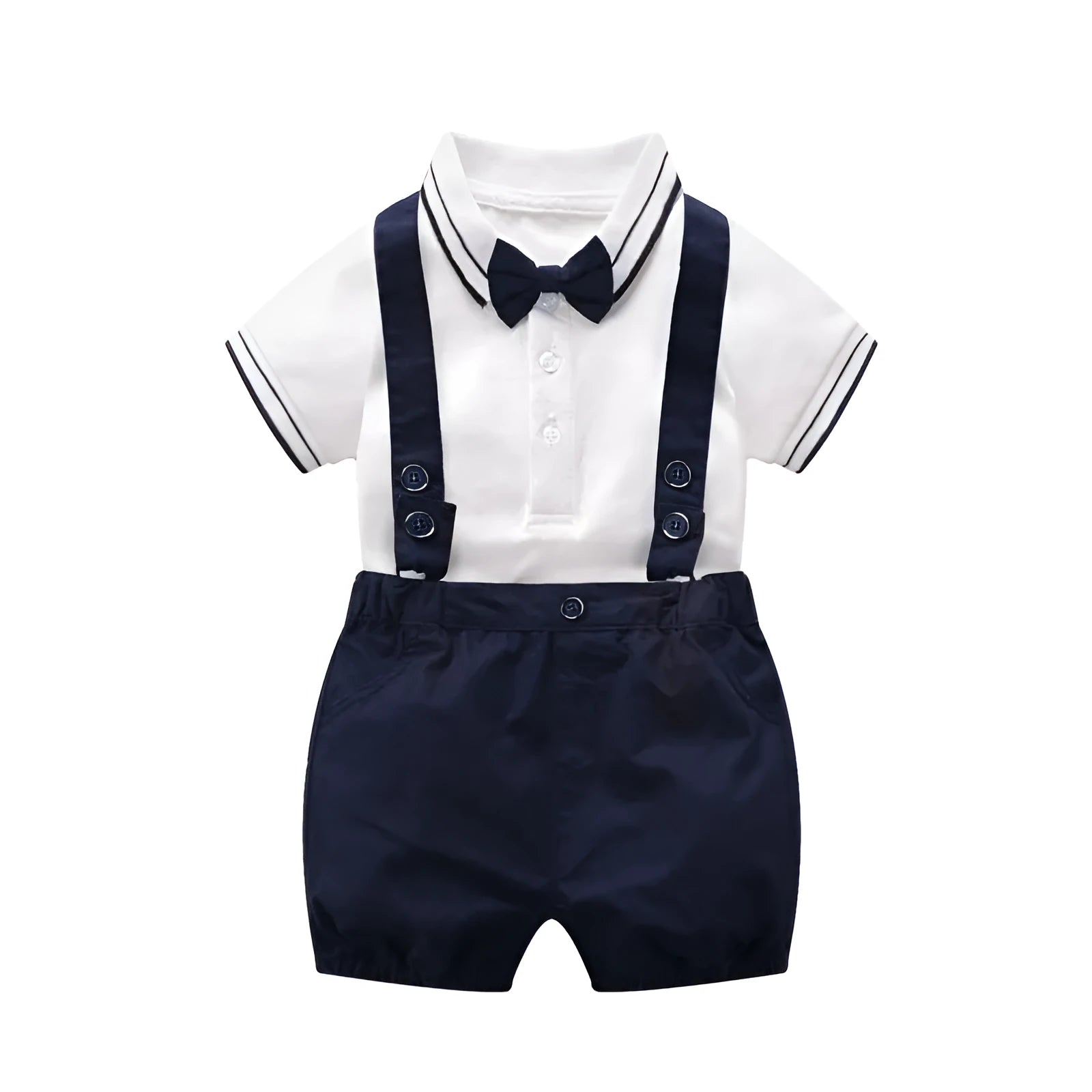 Baby gentleman's short sleeve neutral bodysuit on infant against light background