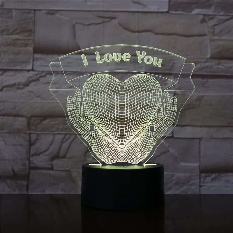 3D night light with hands holding love design, seven colour options, touch control and remote