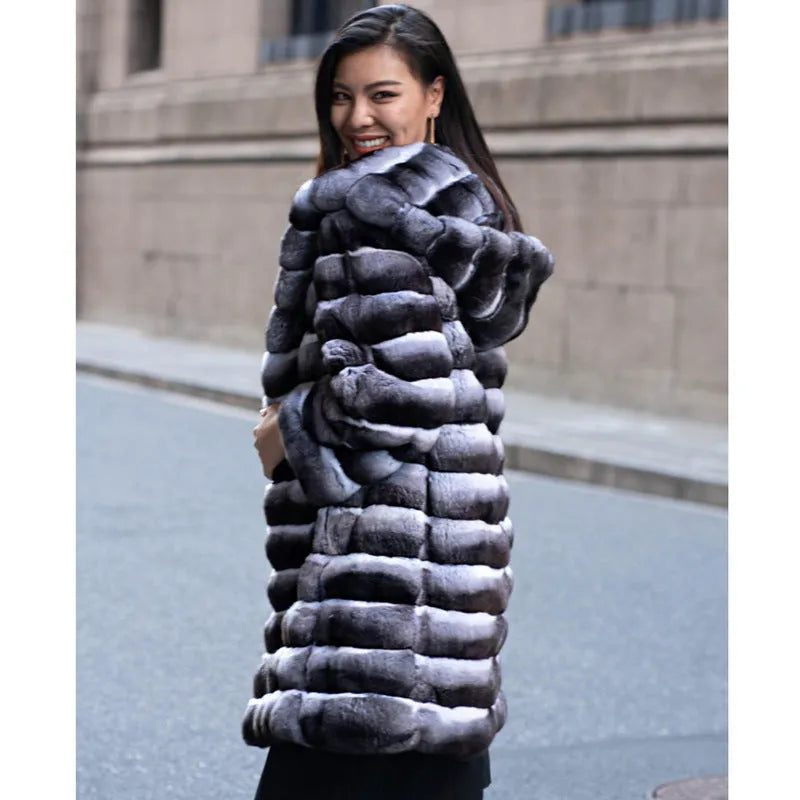 Women's zebra stripe artificial mink fur overcoat, mid-length design with regular sleeves