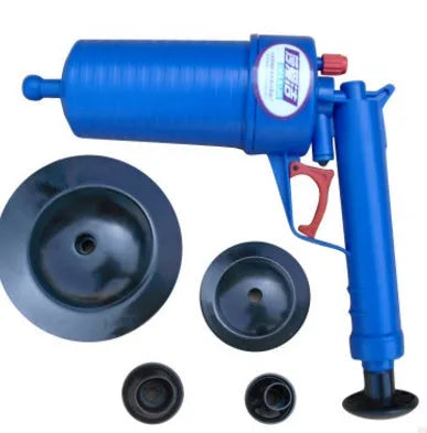 Plastic air power drain blaster gun with four different sized rubber suction cup adaptors for unblocking pipes