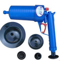 Plastic air power drain blaster gun with four different sized rubber suction cup adaptors for unblocking pipes
