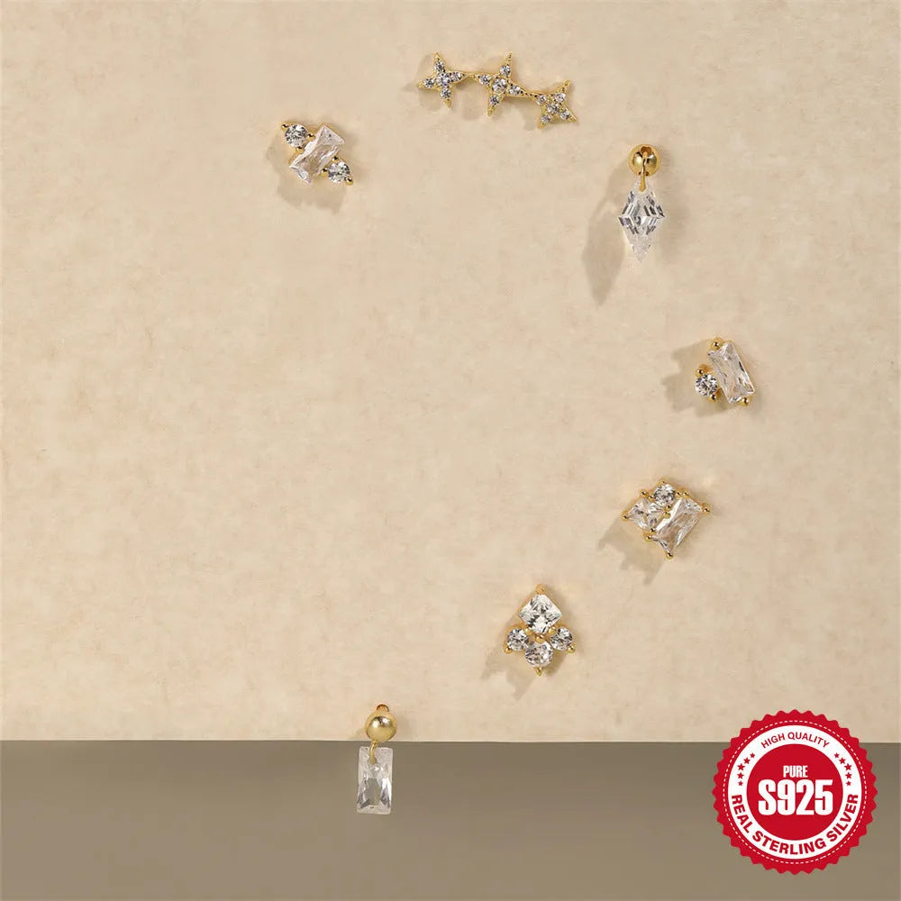S925 sterling silver square stud earrings with red gravel texture and a golden electroplated flower centre.