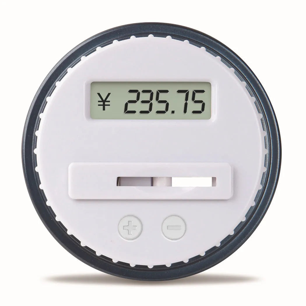 Transparent digital coin counting money box with LCD screen on lid, showing coin slot and clear jar body